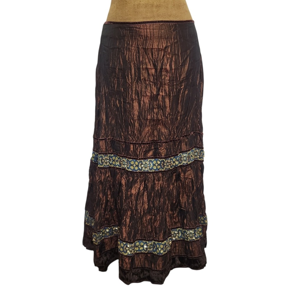 Vintage Crazy Line Maxi Skirt Brown Sequin Embellished Bohemian 90s Y2K